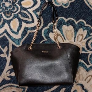 Furla Julia saffiano black leather gold chain strap tote hand bag